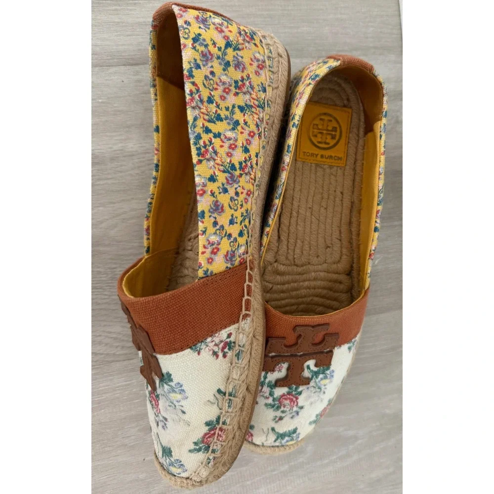 Tory Burch Floral Canvas Espadrille Flats Womens 8.5 Multi Excellent Logo SlipOn